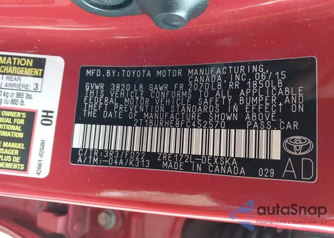 2015 Toyota Corolla L/Le/Le Pls/Prm/S/S Pls из США, поврежденный, VIN 2T1BURHE8FC452570